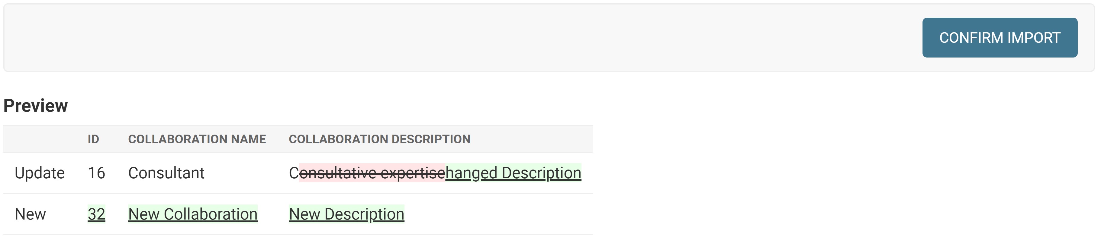 Import Confirmation Screen